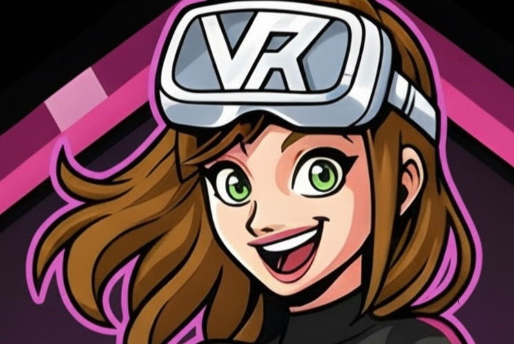 Cartoon avatar of BeatBabeVR smiling in a white VR headset