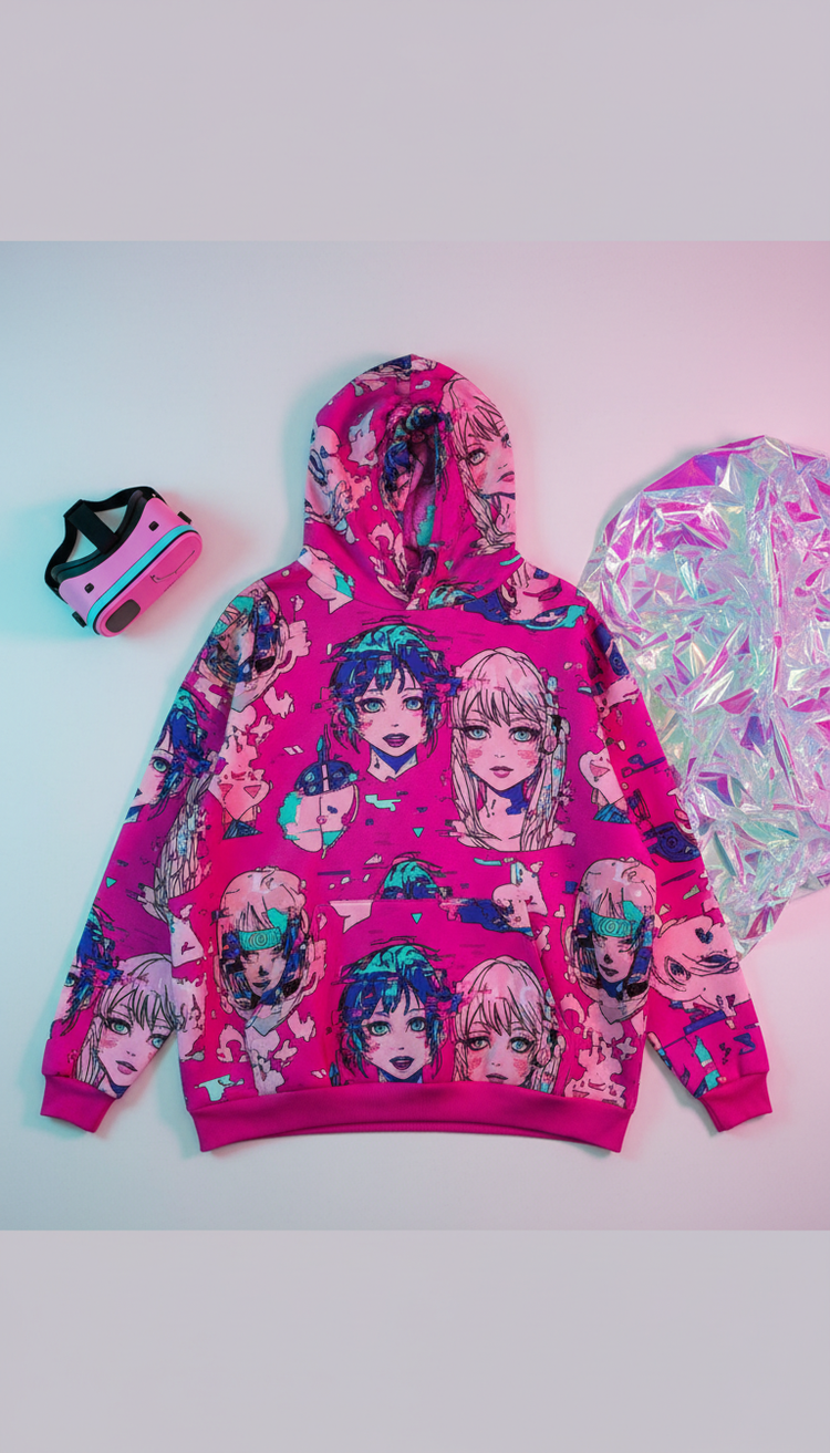 Oversized Glitch Pink Anime Hoodie